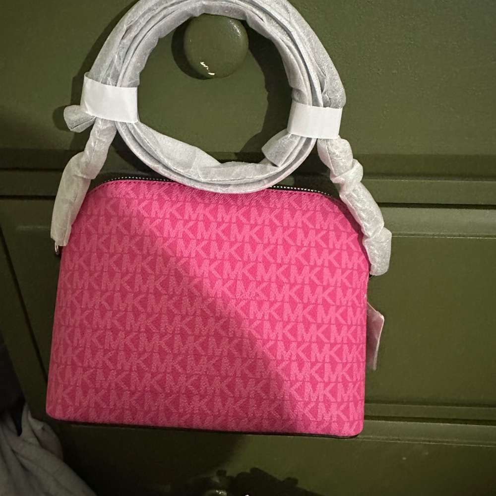 Michael Kors Pink and White Signature Dome Satchel with Black Accent - Picture 3 of 3